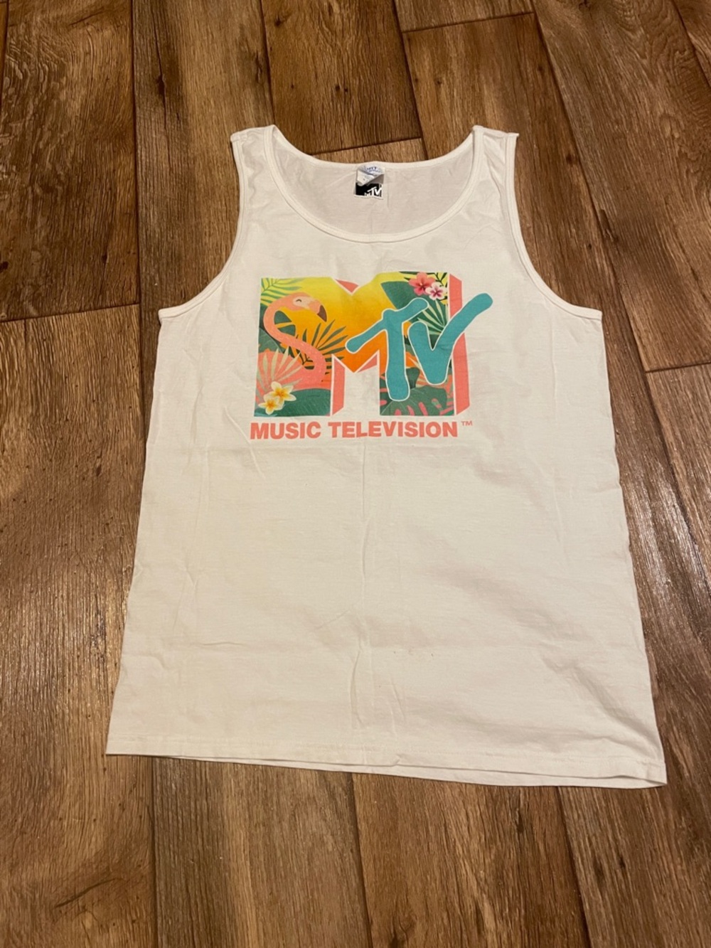 MTV White Tank with Flamingo/Tropical Multicolor Logo Men Size S